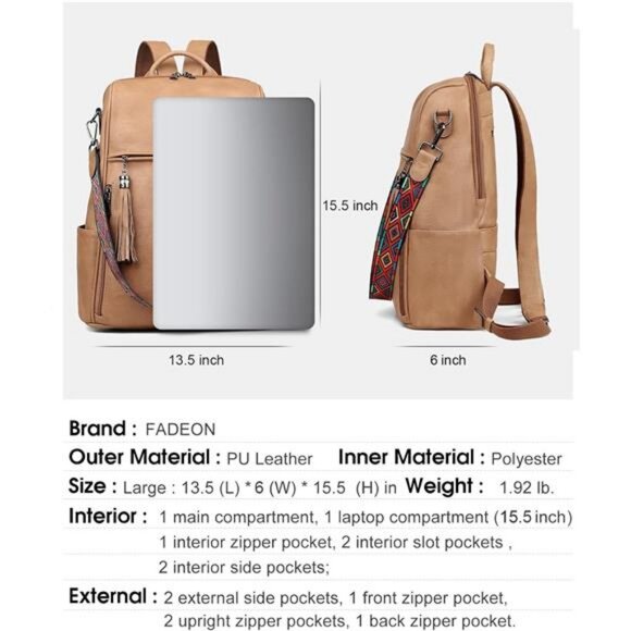 FADEON Laptop Backpack Purse for Women Large Designer PU Leather Laptop Bag, main image 6